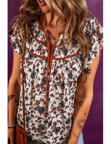 Floral Ruffled Blouse with Lace-Up Detail – Boho Chic Style