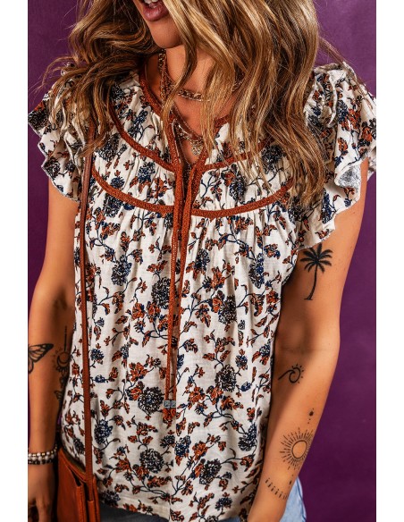 Floral Ruffled Blouse with Lace-Up Detail – Boho Chic Style