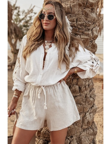 Witte Getextureerde Geborduurde Knopsluiting Blouse – Elegantie en Comfort