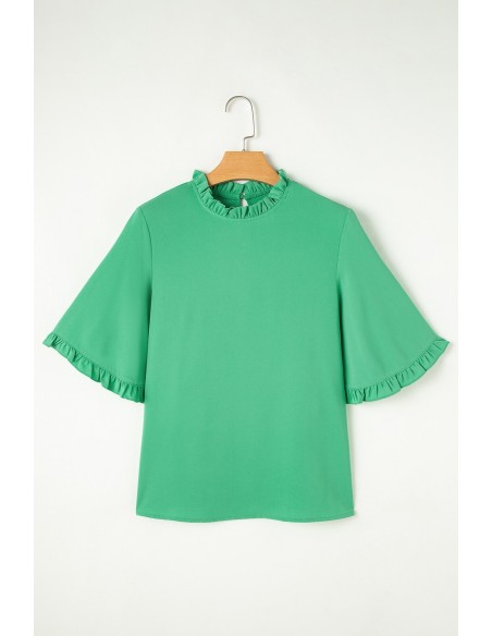 Blouse Verte à Col Rond et Manches Mi-longues
