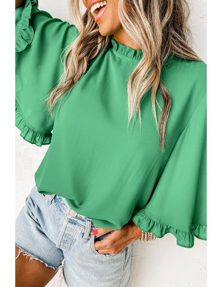 Blouse Verte à Col Rond et Manches Mi-longues
