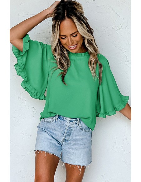 Blouse Verte à Col Rond et Manches Mi-longues