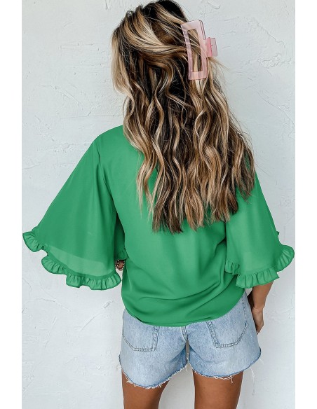 Blouse Verte à Col Rond et Manches Mi-longues