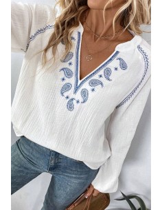 White Long Sleeve Blouse with Blue Bohemian Embroidery