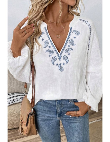 Witte Blouse met Lange Mouwen en Blauwe Bohemian Borduurwerk