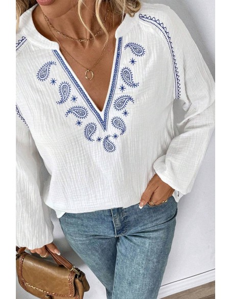 White Long Sleeve Blouse with Blue Bohemian Embroidery