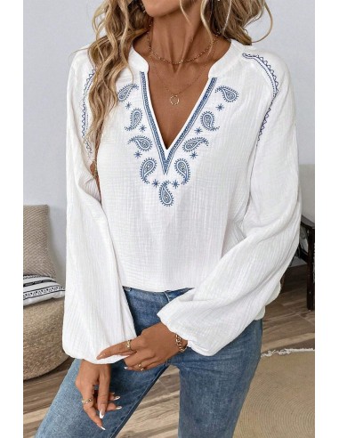 Witte Blouse met Lange Mouwen en Blauwe Bohemian Borduurwerk