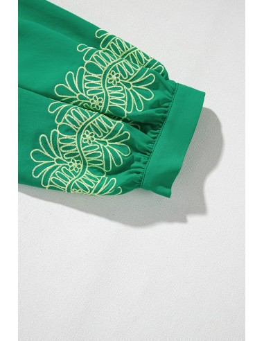 Elegant Green Blouse with Floral Embroidery and Notched V Neck 3/4 Sleeve