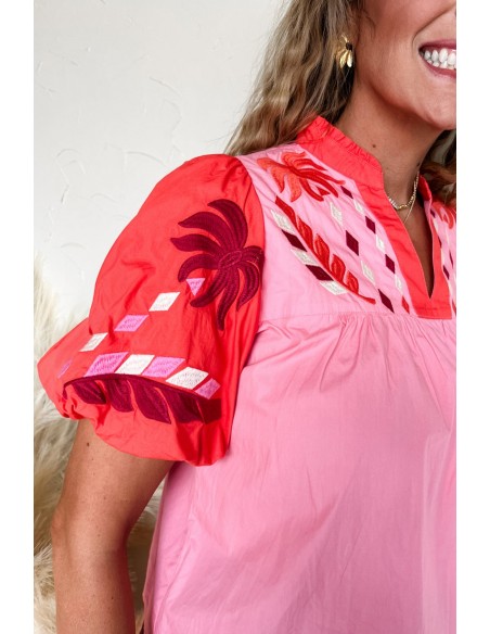 Chic Bohemian Blouse with Puff Sleeves and Floral Embroidery