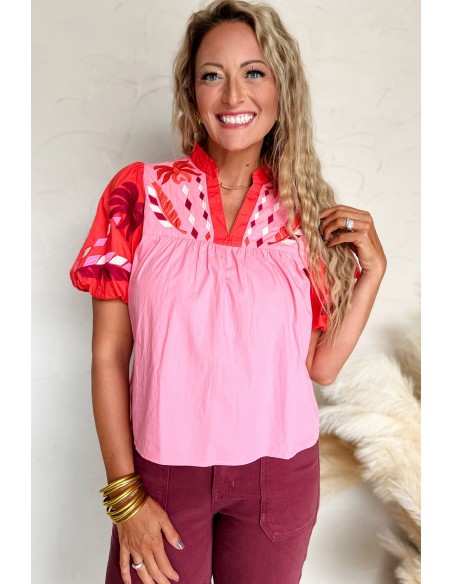 Chic Bohemian Blouse with Puff Sleeves and Floral Embroidery