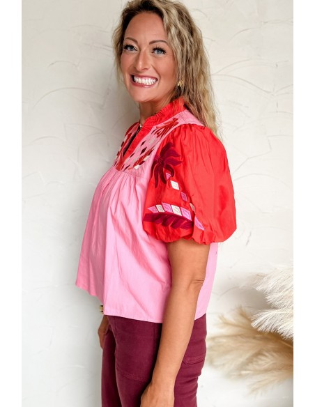 Chic Bohemian Blouse met Ballonmouwen en Bloemenborduurwerk