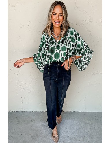 Green Pleated Blouse with Ruffled Sleeves and Metallic Accents