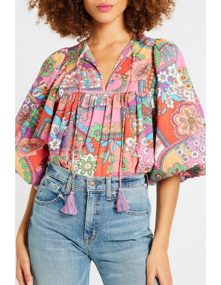 ulticolor Boho Bloemen Bubble Mouwen Tassel Tied Neck Blouse