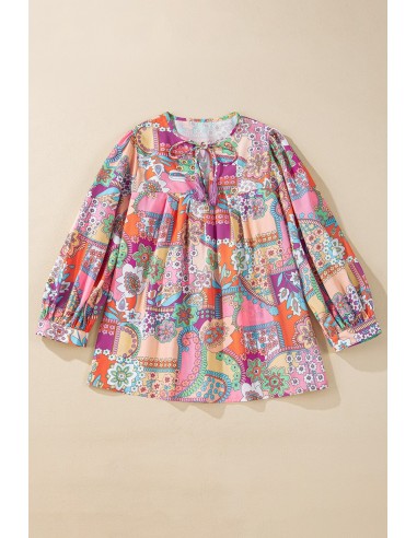 Multicolour Boho Floral Bubble Sleeve Tassel Tied Neck Blouse