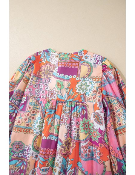 ulticolor Boho Bloemen Bubble Mouwen Tassel Tied Neck Blouse