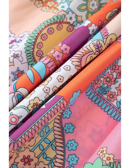 Multicolour Boho Floral Bubble Sleeve Tassel Tied Neck Blouse