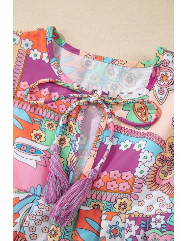Multicolour Boho Floral Bubble Sleeve Tassel Tied Neck Blouse