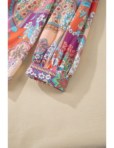 Multicolour Boho Floral Bubble Sleeve Tassel Tied Neck Blouse