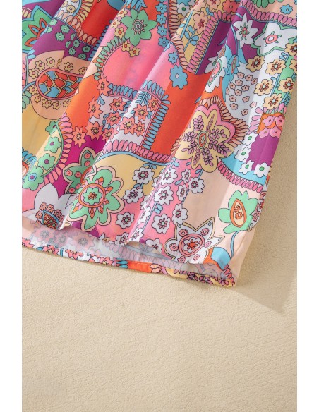 Multicolour Boho Floral Bubble Sleeve Tassel Tied Neck Blouse