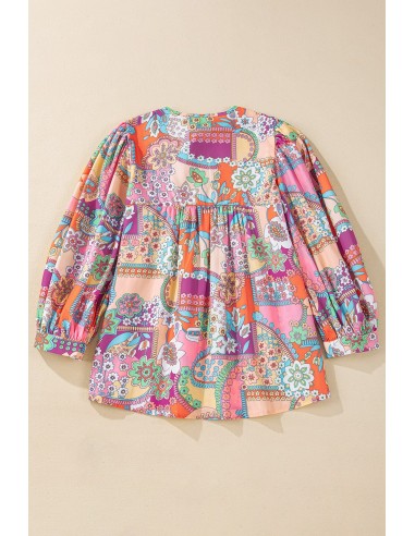 Multicolour Boho Floral Bubble Sleeve Tassel Tied Neck Blouse