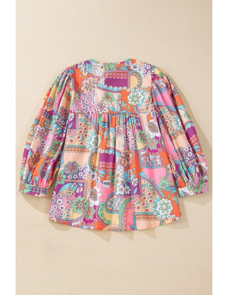 Multicolour Boho Floral Bubble Sleeve Tassel Tied Neck Blouse