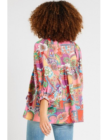 Multicolor Boho Blumen Bubble Ärmel mit Quastenbinde-Hals Bluse