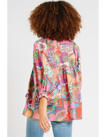 Multicolor Boho Blumen Bubble Ärmel mit Quastenbinde-Hals Bluse