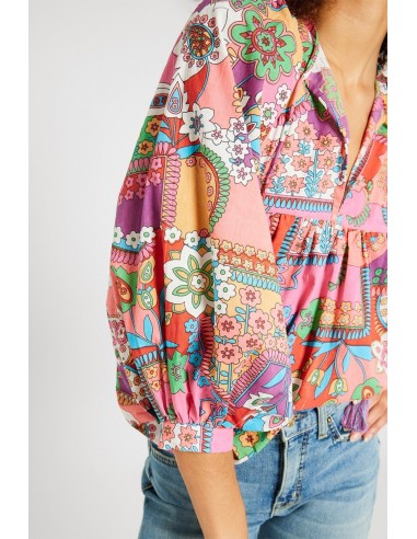 ulticolor Boho Bloemen Bubble Mouwen Tassel Tied Neck Blouse