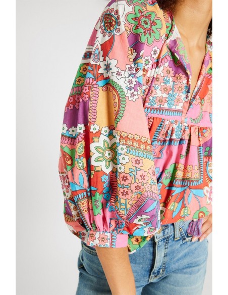 ulticolor Boho Bloemen Bubble Mouwen Tassel Tied Neck Blouse