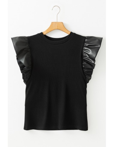 Blouse Noire à Manches Volantées en Similicuir – Chic & Élégance