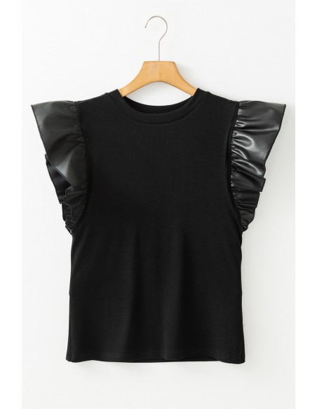 Black Blouse with Faux Leather Ruffle Sleeves – Chic & Elegant