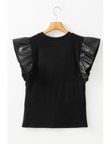 Black Blouse with Faux Leather Ruffle Sleeves – Chic & Elegant