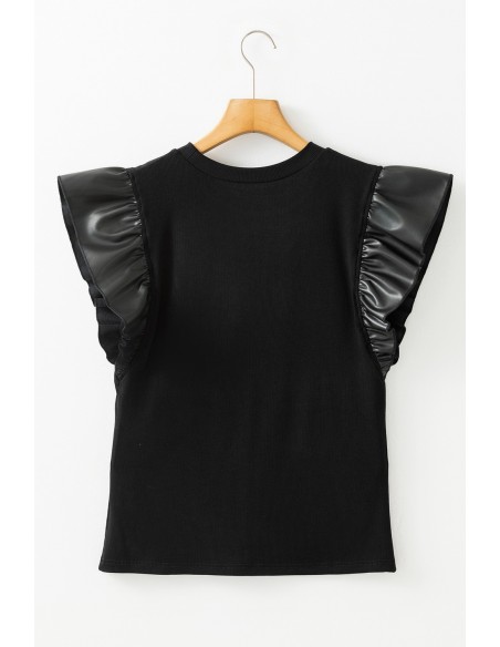 Black Blouse with Faux Leather Ruffle Sleeves – Chic & Elegant