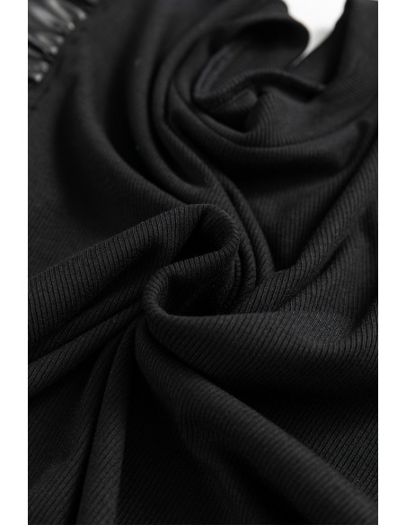 Blouse Noire à Manches Volantées en Similicuir – Chic & Élégance