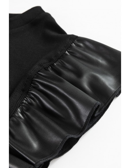 Black Blouse with Faux Leather Ruffle Sleeves – Chic & Elegant