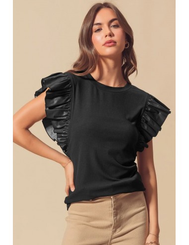 Black Blouse with Faux Leather Ruffle Sleeves – Chic & Elegant