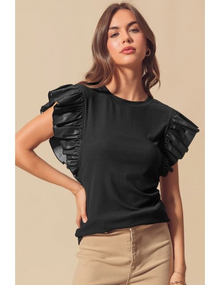Black Blouse with Faux Leather Ruffle Sleeves – Chic & Elegant