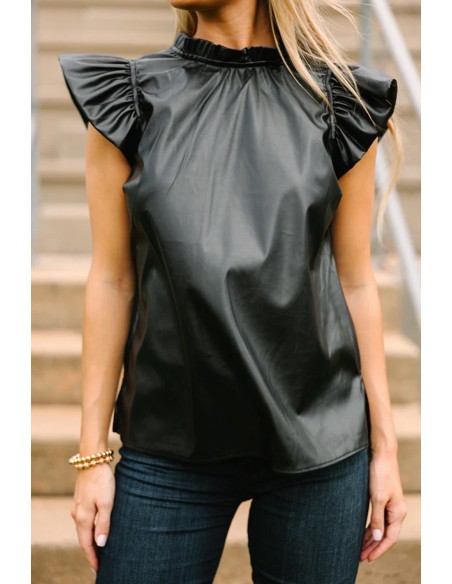 Schwarze Kunstleder-Bluse mit Rüschen – Eleganz & Ausdruck