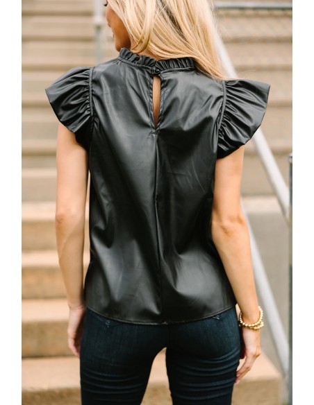 Zwarte Imitatieleer Blouse met Ruches – Elegant & Gedurfd