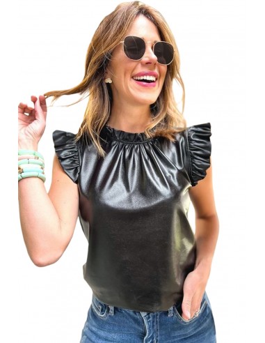Blouse Noire en Similicuir avec Volants – Élégance & Audace