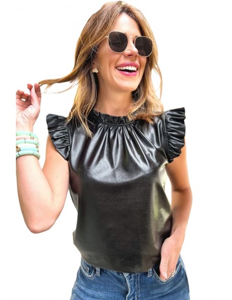 Schwarze Kunstleder-Bluse mit Rüschen – Eleganz & Ausdruck