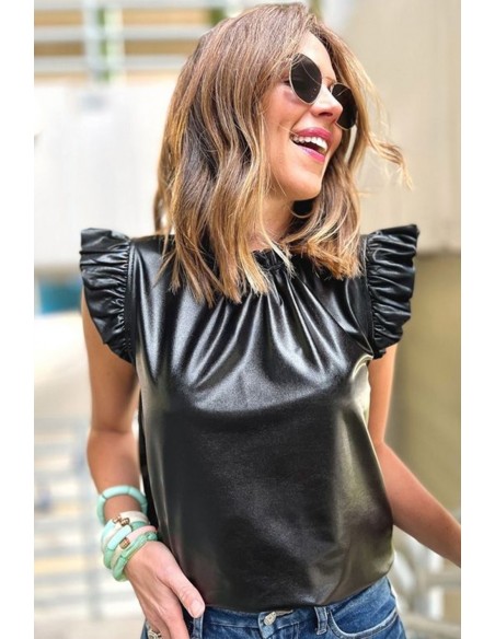 Schwarze Kunstleder-Bluse mit Rüschen – Eleganz & Ausdruck