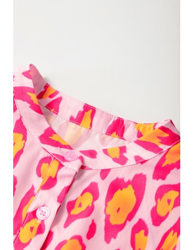 Oversized Pink-Red Leopard Blouse with Balloon Sleeves – Stylish & Casual