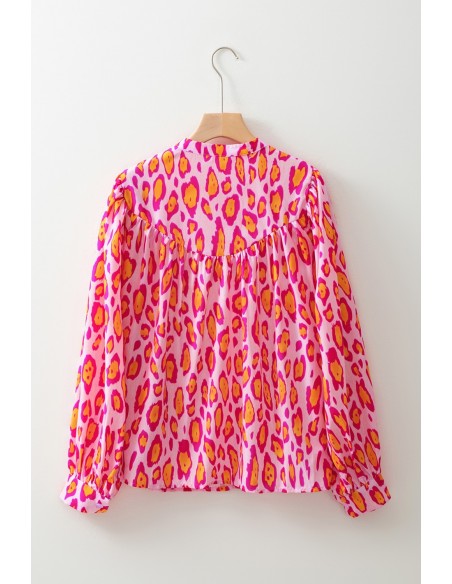 Oversize Roze-Rode Luipaard Blouse met Ballonmouwen – Elegant & Casual