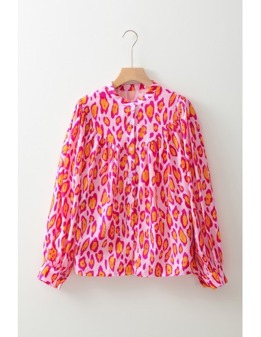 Oversize Roze-Rode Luipaard Blouse met Ballonmouwen – Elegant & Casual