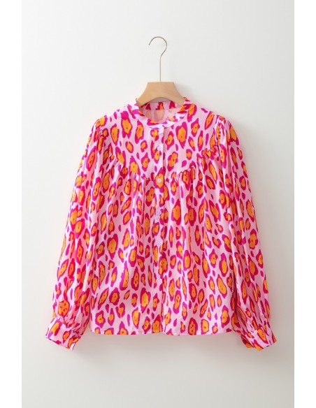 Blouse Léopard rose rouge Oversize à Manches Ballon – Élégante et Décontractée