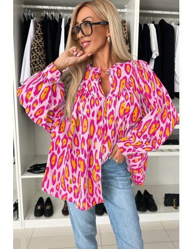 Oversized Pink-Red Leopard Blouse with Balloon Sleeves – Stylish & Casual