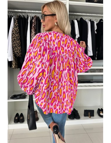 Blouse Léopard rose rouge Oversize à Manches Ballon – Élégante et Décontractée
