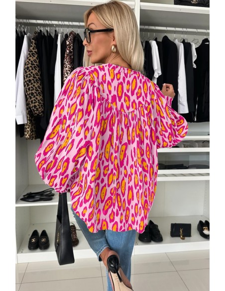 Blouse Léopard rose rouge Oversize à Manches Ballon – Élégante et Décontractée