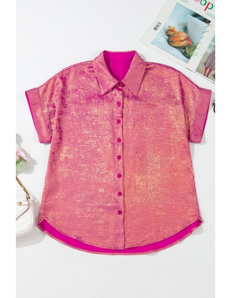 Rosé Rood Metallic Sheen Korte Mouwen Overhemd – Stijlvol